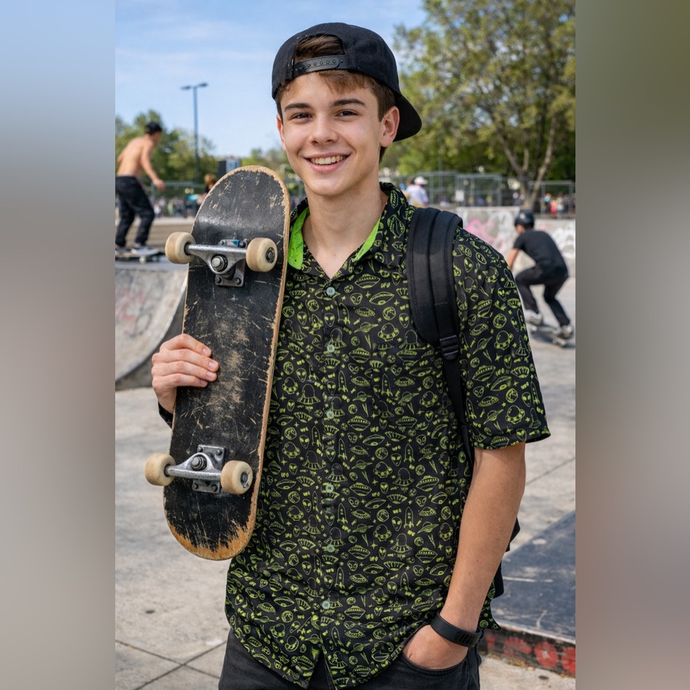 Jared Black and Green Men's Alien UFO Button-Down Shirt